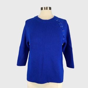 Lands End Womens Drifter Lace Shoulder Crew Neck Sweater Blue Cotton size Large